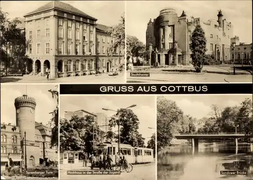 Ak Cottbus in der Niederlausitz, Post, Stadttheater, Spremberger Turm, Hochhaus, Straßenbahn