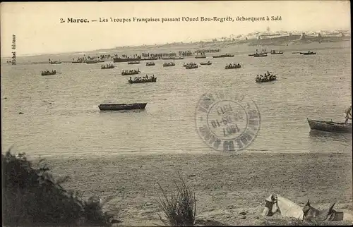Ak Marokko, Les Troupes Francaises passant l'Oued Bou Regreb