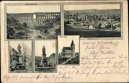 Ak Reichenbach im Vogtland, Göltzschtalbrücke, Bismarck Denkmal, Kaiser Wilhelm I Denkmal, Totale