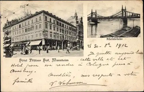 Ak Mannheim in Baden, Rheinbrücke, Hotel Pfälzer Hof, Straßenbahn