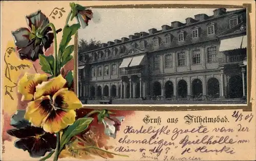 Präge Passepartout Ak Wilhelmsbad Hanau am Main Hessen, Blick auf das Kurhaus, Stiefmütterchen