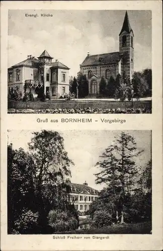 Ak Bornheim am Rhein, Vorgebirge, Evangelische Kirche, Schloss Freiherr von Diergardt