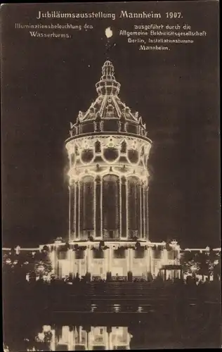 Ak Mannheim in Baden, Jubiläumsausstellung 1907, Wasserturm bei Nacht