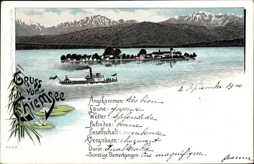 Litho Herrenchiemsee Herreninsel Chiemsee Oberbayern, Dampfer, Panorama