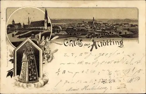 Litho Altötting in Oberbayern, Panorama, Kirche, Gnadenbild