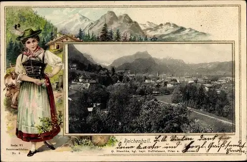 Präge Passepartout Ak Bad Reichenhall in Oberbayern, Panorama, Frau in Tracht
