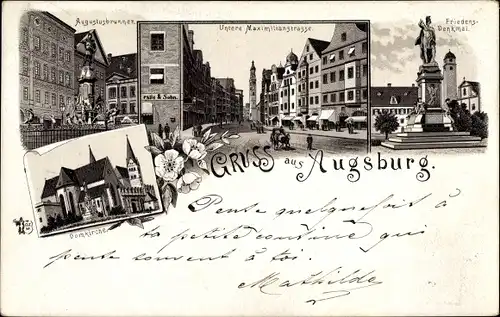 Litho Augsburg in Schwaben, Domkirche, Augustusbrunnen, Unt. Maximilianstraße, Friedensdenkmal