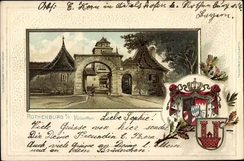 Präge Wappen Passepartout Litho Rothenburg ob der Tauber Mittelfranken, Rödertor