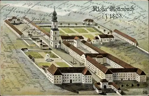 Künstler Ak Rottenbuch in Oberbayern, Kloster im Jahre 1803