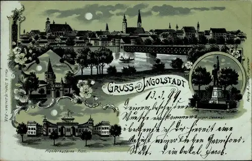 Mondschein Litho Ingolstadt an der Donau Oberbayern, Pionierkaserne, Kreuztor, Kriegerdenkmal