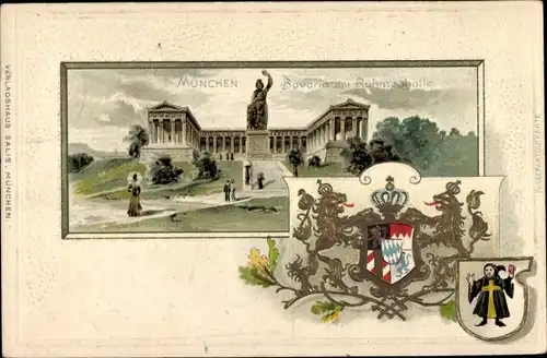 Präge Wappen Passepartout Litho München, Bavaria und Ruhmeshalle