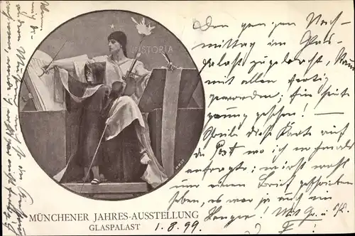 Ak Münchener Jahres Ausstellung, Glaspalast, Allegorie Historia, Münchner Kindl