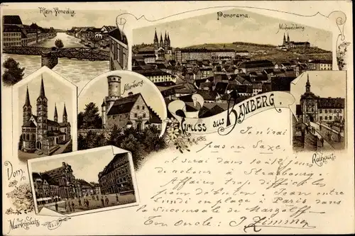 Litho Bamberg in Oberfranken, Dom, Marktplatz, Rathaus, Klein Venedig, Panorama, Altenburg
