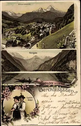 Litho Berchtesgaden in Oberbayern, Panorama, Königsee, Frauen in Tracht