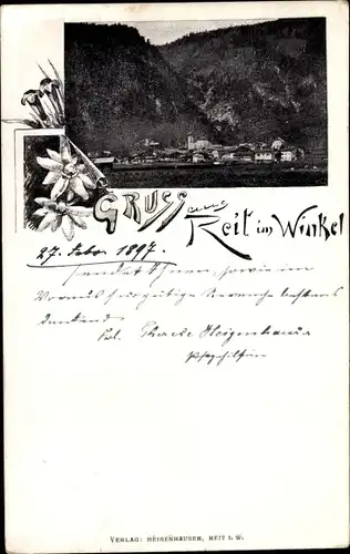 Ak Reit im Winkl Oberbayern, Gesamtansicht, Edelweiß, Enzian