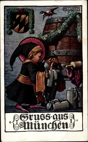 Künstler Ak Luber, M., München, Münchner Kindl zapft Bier, Bierfass