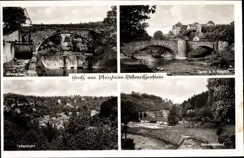 Ak Dillweißenstein Pforzheim im Schwarzwald, Wasserfall, Teilansicht, Schwimmbad, Nagold