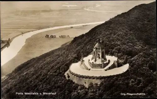 Ak Porta Westfalica an der Weser, Kaiser-Wilhelm-Denkmal, Fliegeraufnahme