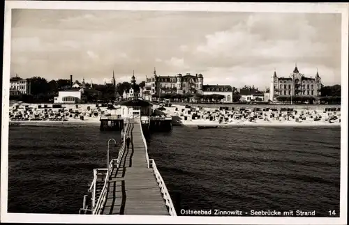 Ak Ostseebad Zinnowitz auf Usedom, Strand und Seebrücke