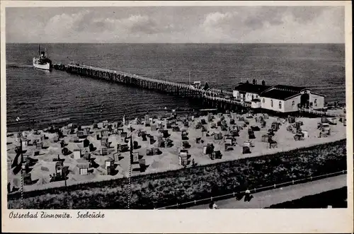 Ak Ostseebad Zinnowitz auf Usedom, Strand und Seebrücke