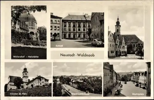 Ak Neustadt an der Waldnaab, Schloss, kath. Pfarrkirche, Wöllershof-Heilstätte, Kloster, Marktplatz