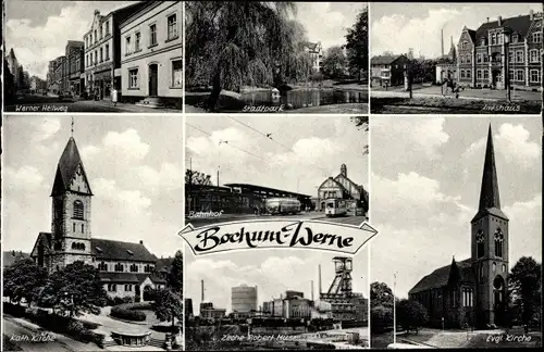 Ak Werne Bochum im Ruhrgebiet, Werner Hellweg, Stadtpark, Kirche, Bahnhof, Zeche Robert Müser