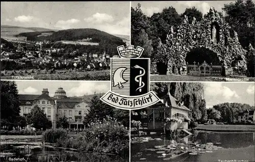 Ak Bad Salzschlirf in Hessen, Hotel Badehof, Gesamtansicht, Mariengrotte, Taubenhäuschen, Wappen