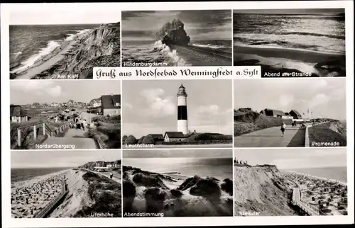 Ak Wenningstedt Braderup auf Sylt, Strand, Hindenburgdamm, Promenade, Leuchtturm, Am Kliff