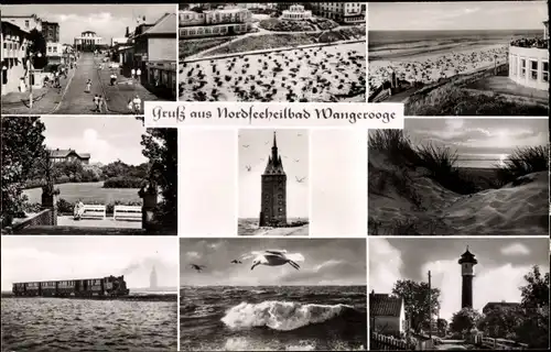 Ak Nordseebad Wangerooge in Ostfriesland, Leuchtturm, Strand, Inselbahn, Dünen