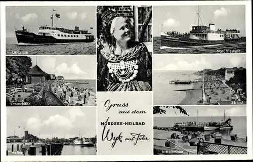 Ak Wyk auf Föhr Nordfriesland, Fähre Uthlande, Nordfriesland, Promenade, Strand, Mittelbrücke, Hafen