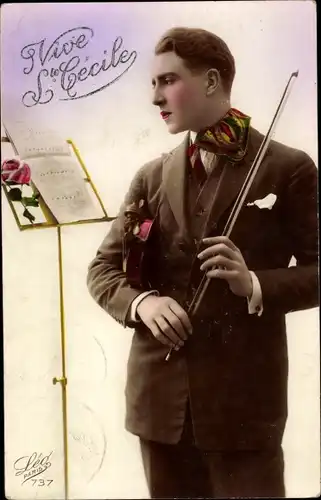 Ak Vive Sainte Cecile, Mann mit Geige, Notenständer