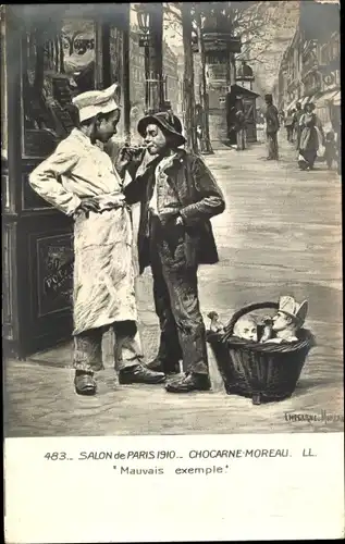 Künstler Ak Chocarne Moreau, Mauvais exemple, Rauchende Jungen, Bäckergeselle, Salon de Paris 1910