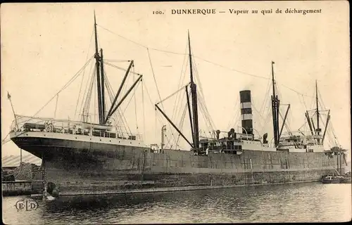 Ak Dunkerque Dünkirchen Nord, Vapeur au quai de dechargement, Dampfschiff