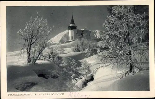 Ak Frauenkirch Davos Kanton Graubünden, Frauenkirchli im Winterschmuck