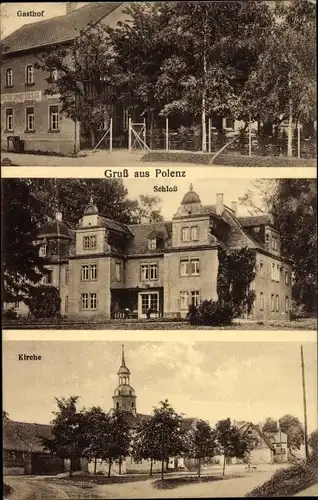 Ak Polenz Brandis Sachsen, Schloss, Kirche, Gasthof zum Heitern Blick