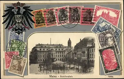 Präge Briefmarken Ak Mainz am Rhein, Schillerplatz, Reichsadler