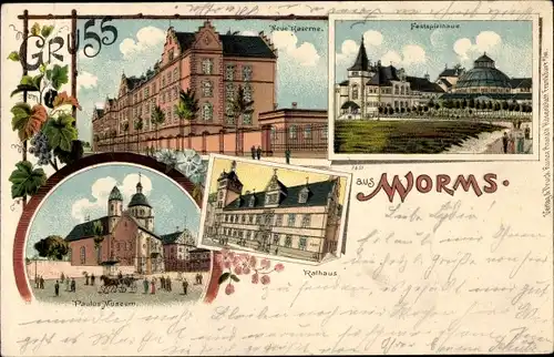 Litho Worms am Rhein, Kaserne, Festspielhaus, Rathaus, Paulus Museum