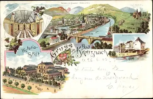 Litho Bad Kreuznach in Rheinland Pfalz, Victoria Stift, Panorama, Brückenhäuser