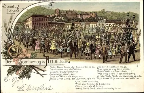 Gedicht Litho Heidelberg am Neckar, Der Sommertag in Heidelberg, Festumzug, Stadtansicht