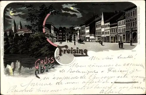 Mondschein Litho Freising in Oberbayern, Stadtansicht