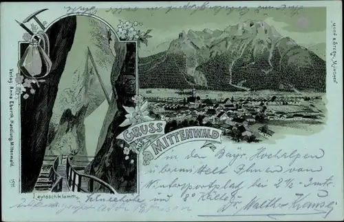 Mondschein Litho Mittenwald in Oberbayern, Totalansicht der Ortschaft, Leutaschklamm