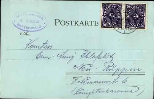 Mondschein Litho Mittenwald in Oberbayern, Totalansicht der Ortschaft, Leutaschklamm