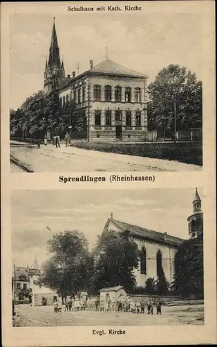 Ak Sprendlingen in Rheinhessen, Schulhaus, Katholische und Evangelische Kirche