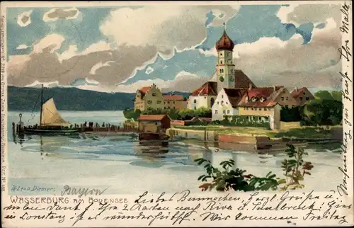 Künstler Litho Diemer, Zeno, Wasserburg am Bodensee Schwaben, Kirche, Anlegestelle