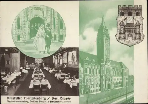 Ak Berlin Charlottenburg, Rathaus, Ratskeller, Berliner Straße 72, Wappen, Hochzeitspaar