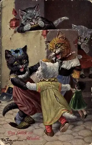 Künstler Ak Thiele, Arthur, Das Glück im Winkel, vermenschlichte Katzen