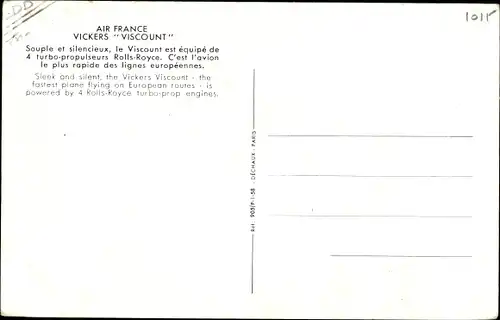 Ak Französisches Passagierflugzeug, Air France, Vickers Viscount