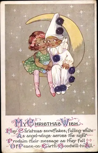 Ak My Christmas Wish, May Christmas snowflakes, falling white, Pierrot, Mädchen, Mondsichel