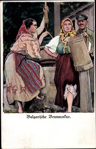 Künstler Ak Bulgarische Brunnenkur, Frauen in Tracht, Lustige Blätter Nr. 67