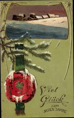 Präge Ak Glückwunsch Neujahr, Winterlandschaft, Siegel mit Kleeblatt